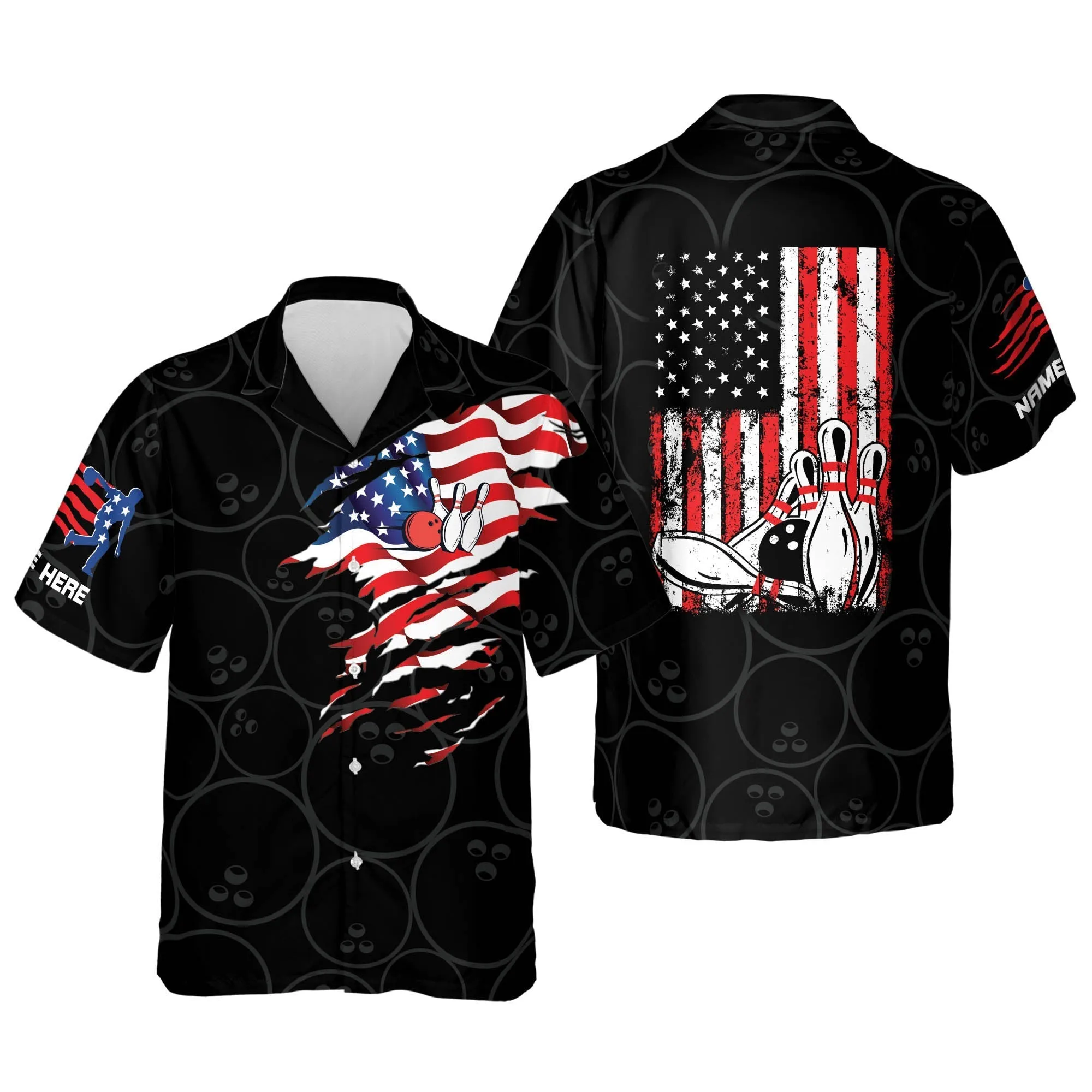 Custom Bowling Hawaiian Shirts for Men, USA Flag Patriotic Hawaiian Bowling Shirts