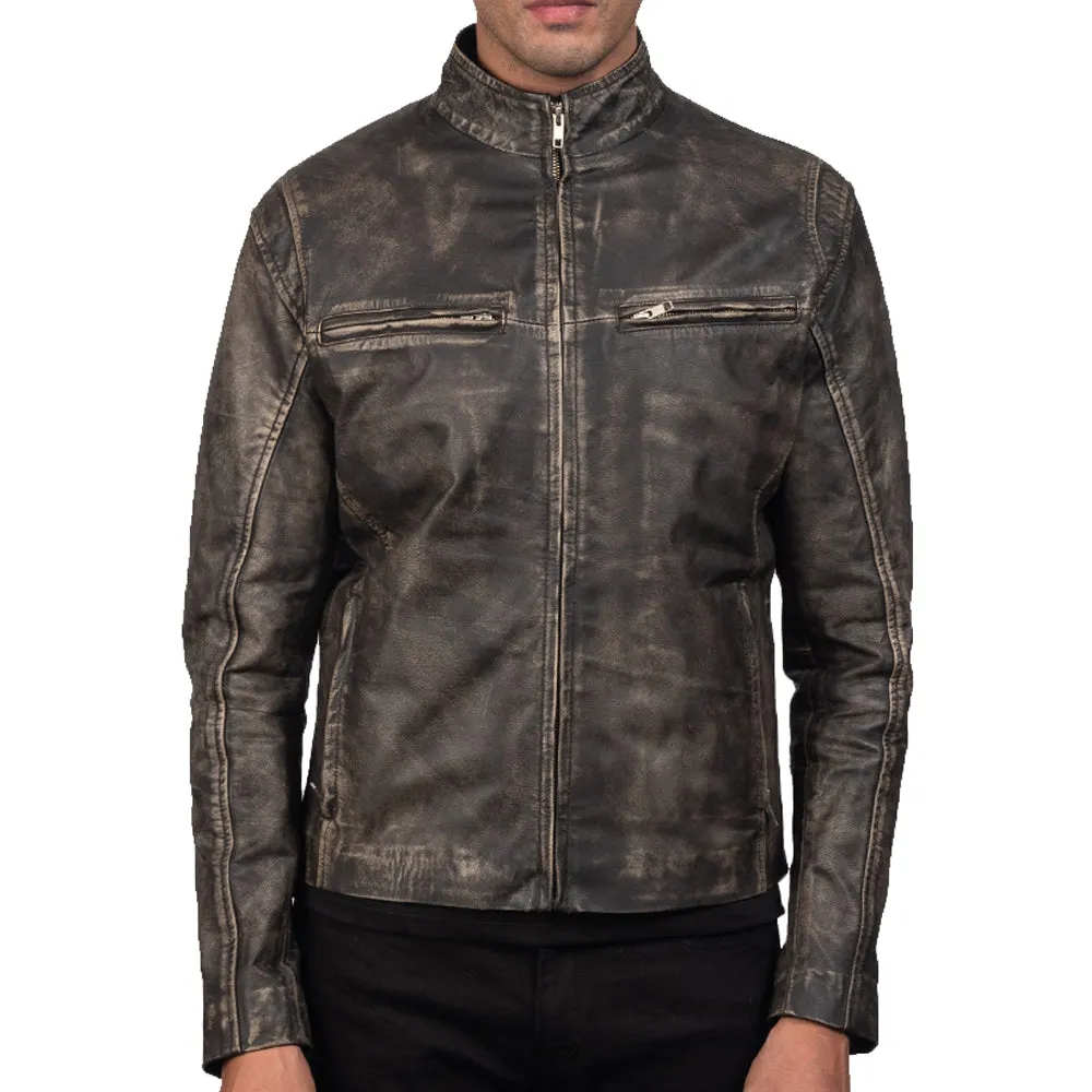Distressed Brown Leather Biker Motorcycle Jacket
