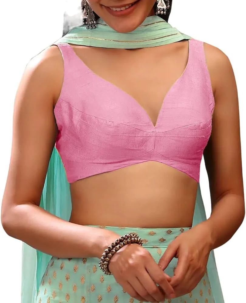 Dupion Solid Saree Readymade Blouse Sweetheart Neck Top Sleeveless Back Hook & Eye Closure Choli Sari