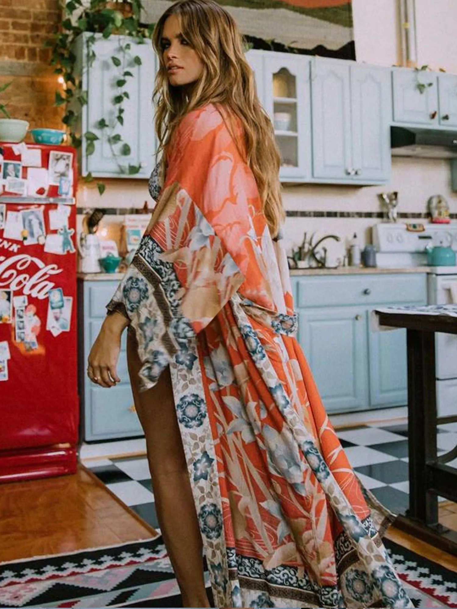 Ethnic Tribal Pattern Contrast Trim Long Robe Loose Baggy Fit Colorful Cover Up Kimono Shirts