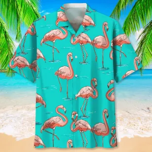 Flamingo Blue Hawaiian Shirt, Short Sleeve Summer Vacation Beach Shirts for men