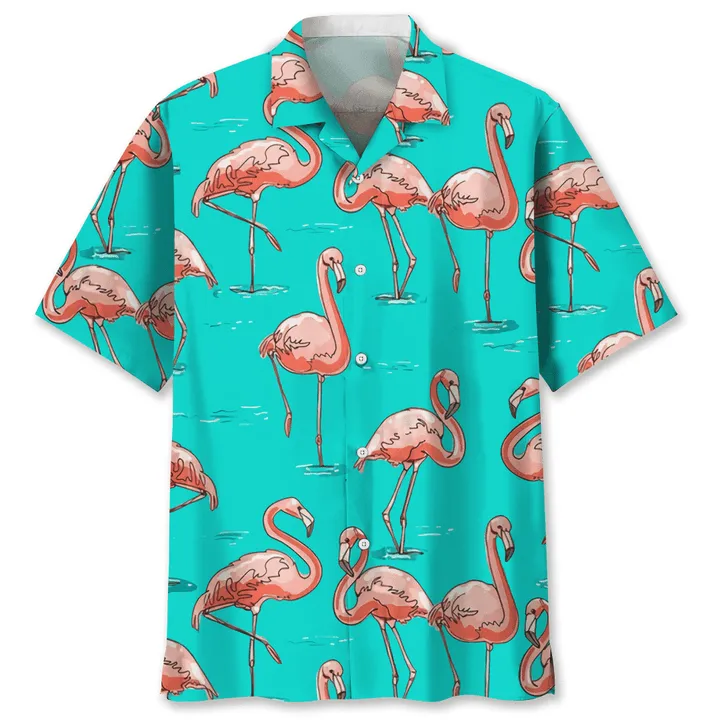 Flamingo Blue Hawaiian Shirt, Short Sleeve Summer Vacation Beach Shirts for men