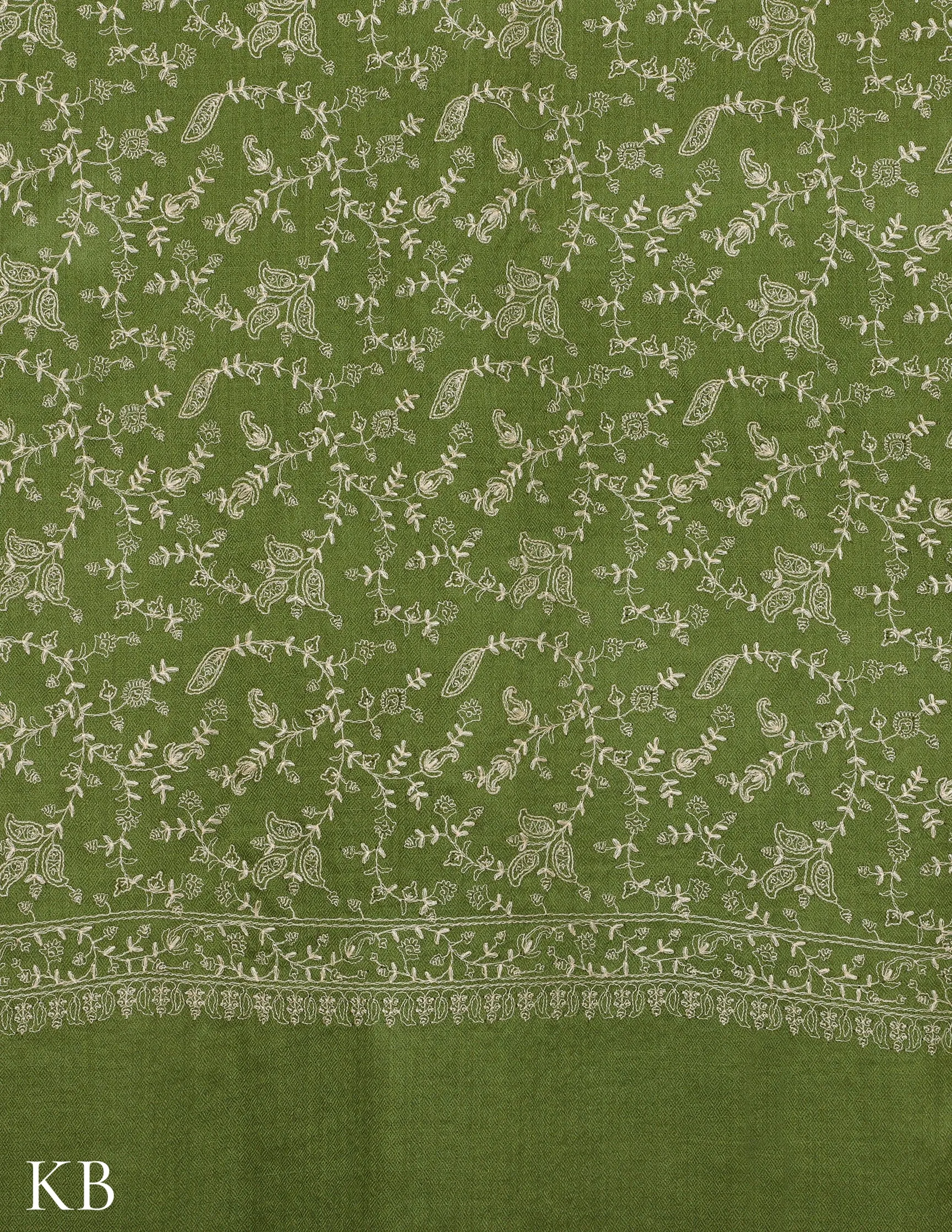 Forest Green Sozni Jali Embroidered Woolen Shawl