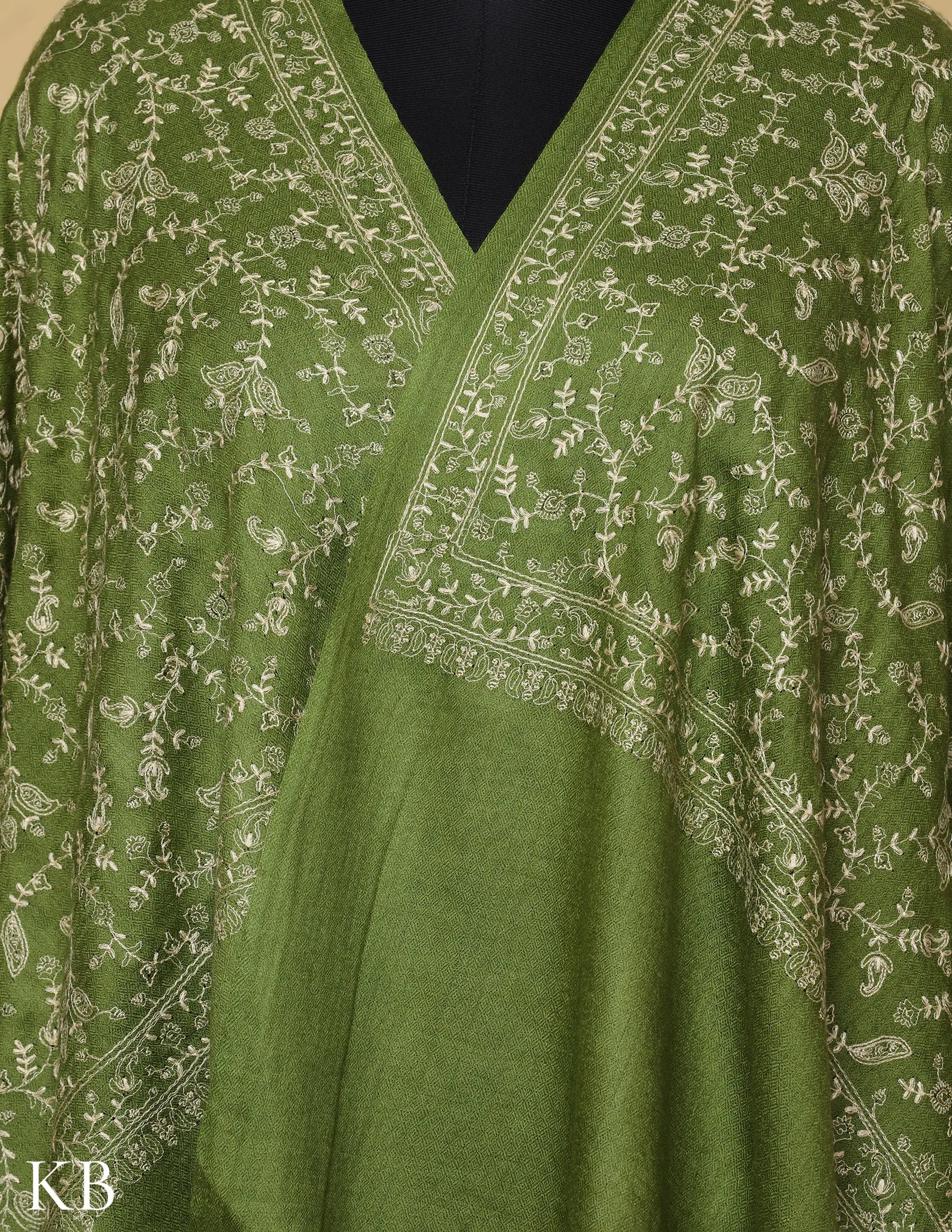 Forest Green Sozni Jali Embroidered Woolen Shawl