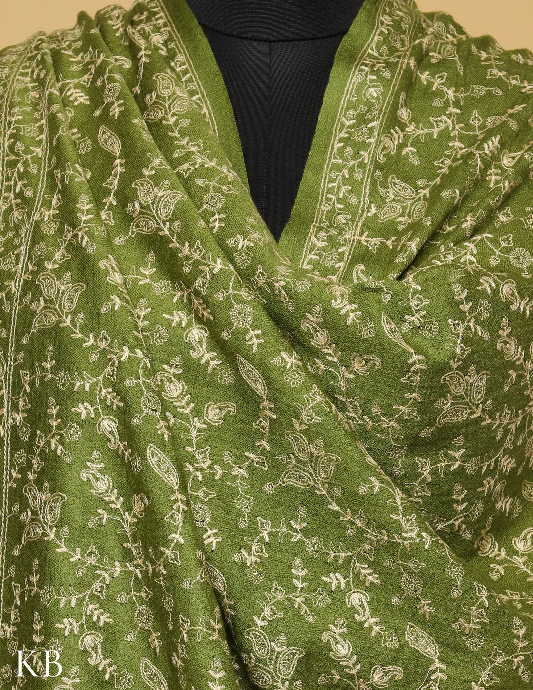 Forest Green Sozni Jali Embroidered Woolen Shawl