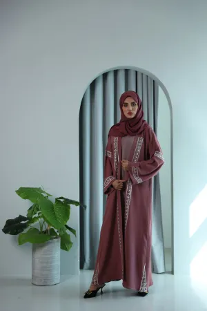 Four Piece Aztec Embroidered Open Abaya - Dusty Pink
