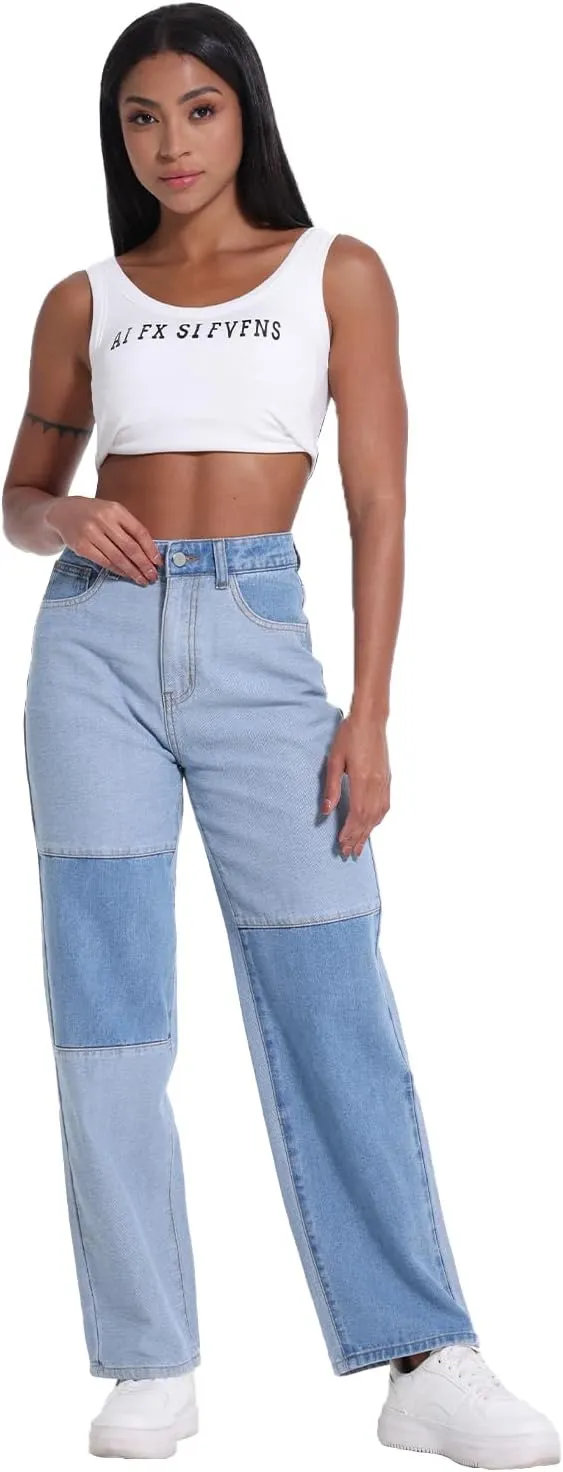 Girls Jeans Women Denim Pants High Rise Patchwork Trendy Straight Leg Casual Comfy Jeans Pants