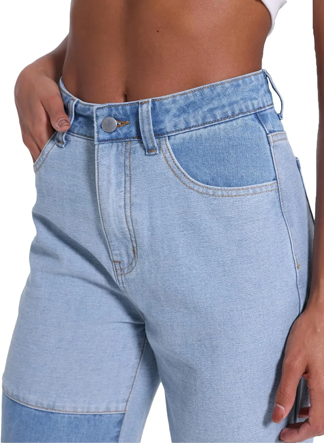 Girls Jeans Women Denim Pants High Rise Patchwork Trendy Straight Leg Casual Comfy Jeans Pants