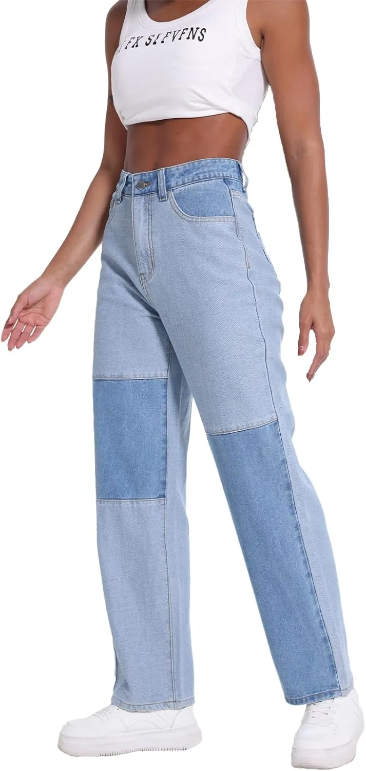 Girls Jeans Women Denim Pants High Rise Patchwork Trendy Straight Leg Casual Comfy Jeans Pants