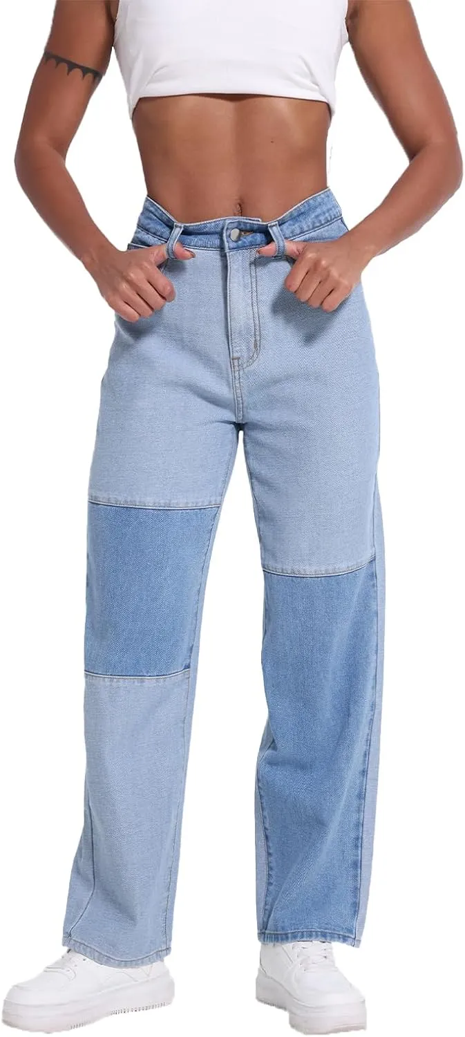 Girls Jeans Women Denim Pants High Rise Patchwork Trendy Straight Leg Casual Comfy Jeans Pants