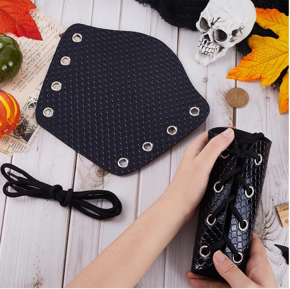 GORGECRAFT 2PCS Leather Gauntlets Wristband Medieval Arm Guards Retro Renaissance Black Fish-Scale Pattern Embossing Adjustable PU Leather Armband Armor Cuff for Halloween Knight Cosplay Costumes