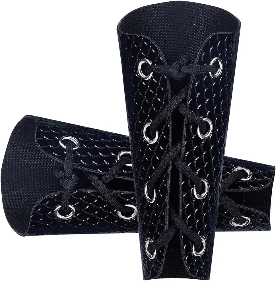 GORGECRAFT 2PCS Leather Gauntlets Wristband Medieval Arm Guards Retro Renaissance Black Fish-Scale Pattern Embossing Adjustable PU Leather Armband Armor Cuff for Halloween Knight Cosplay Costumes