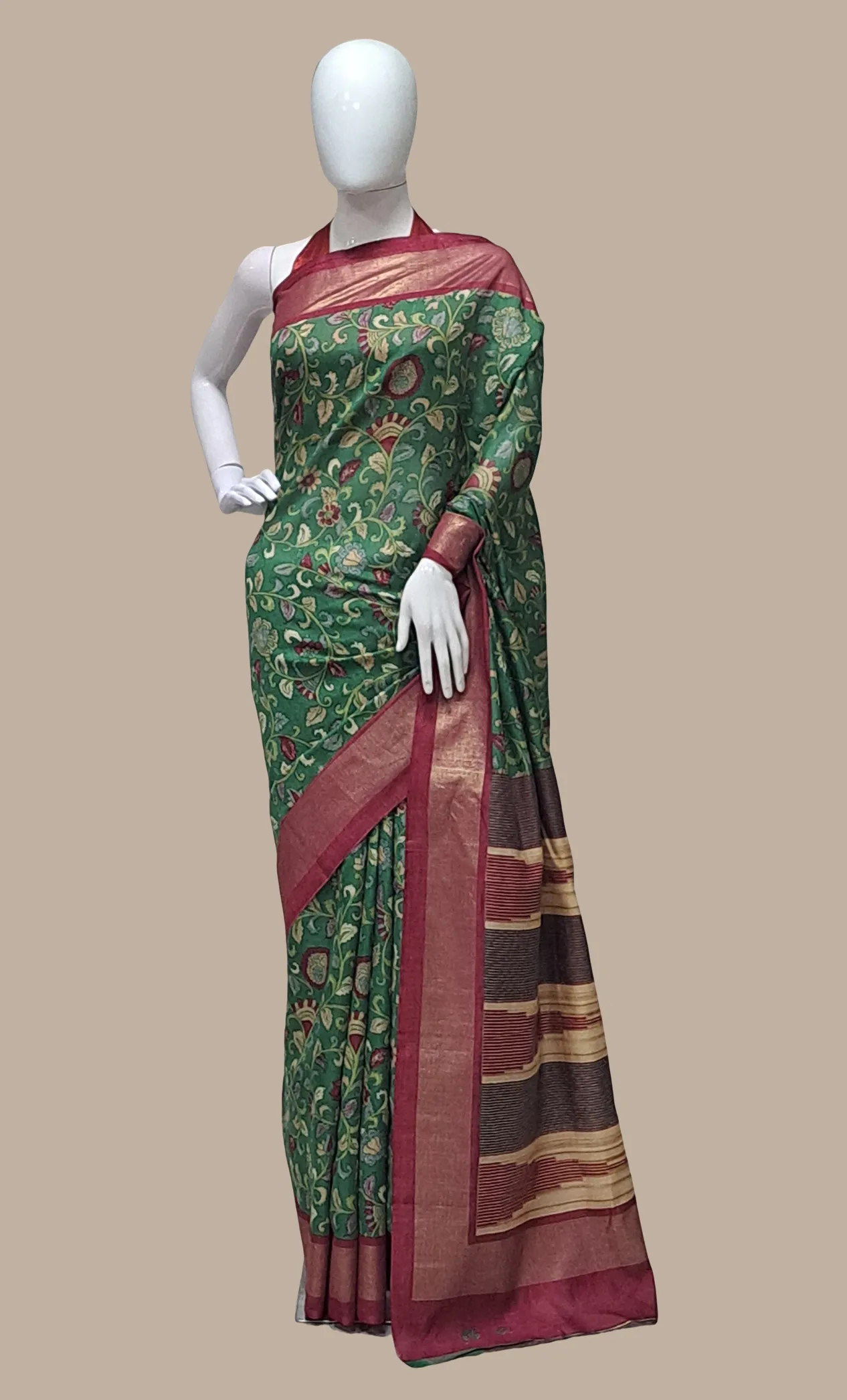 Green Cotton Printed Sari