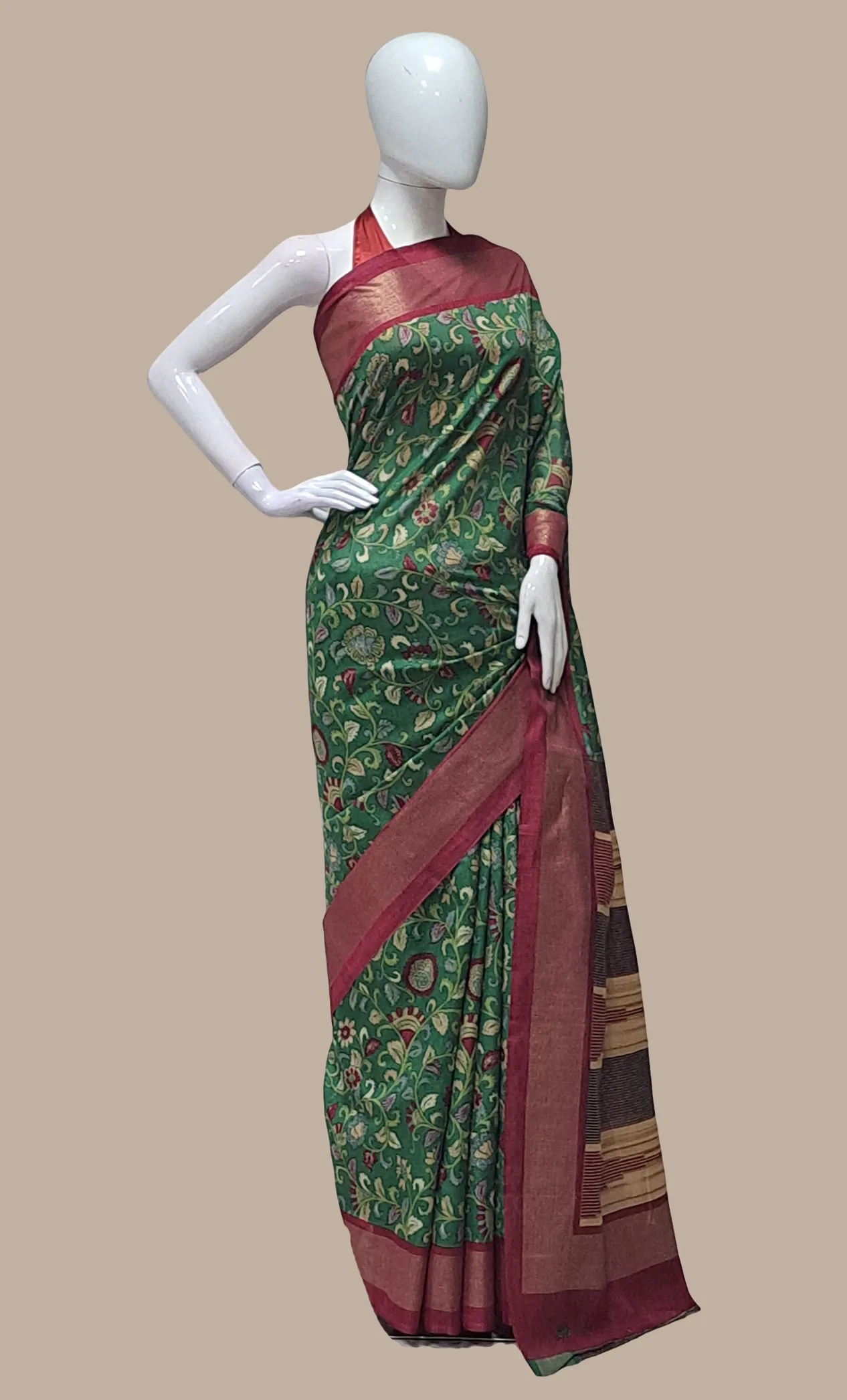 Green Cotton Printed Sari