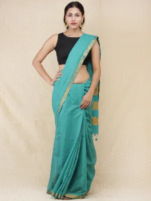 Green Golden Checks Handloom Mangalagiri Cotton Saree With Zari Border - s031704161