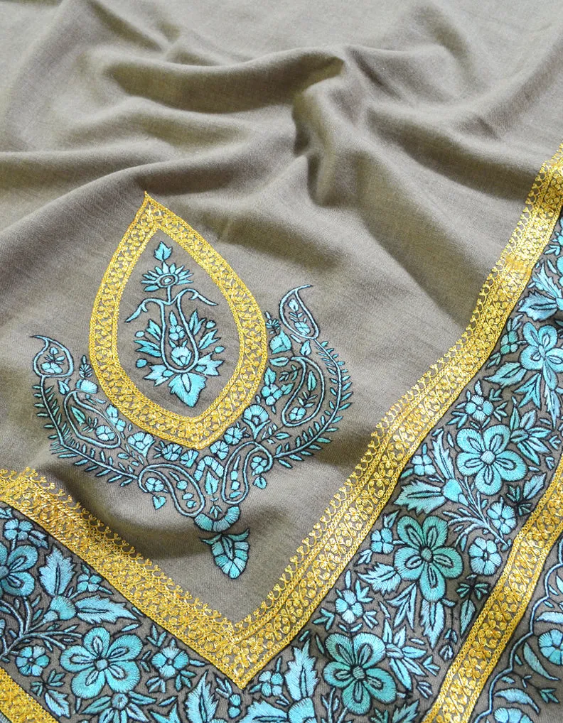 Grey Pashmina Shawl With Papermachie & Tilla 5854