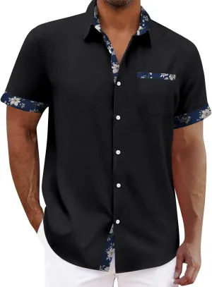 Hawaiian Shirt for Men Stretch V Neck Aloha Shirts Button Down Short Sleeve Blouse Tropical Blouses with Pocket