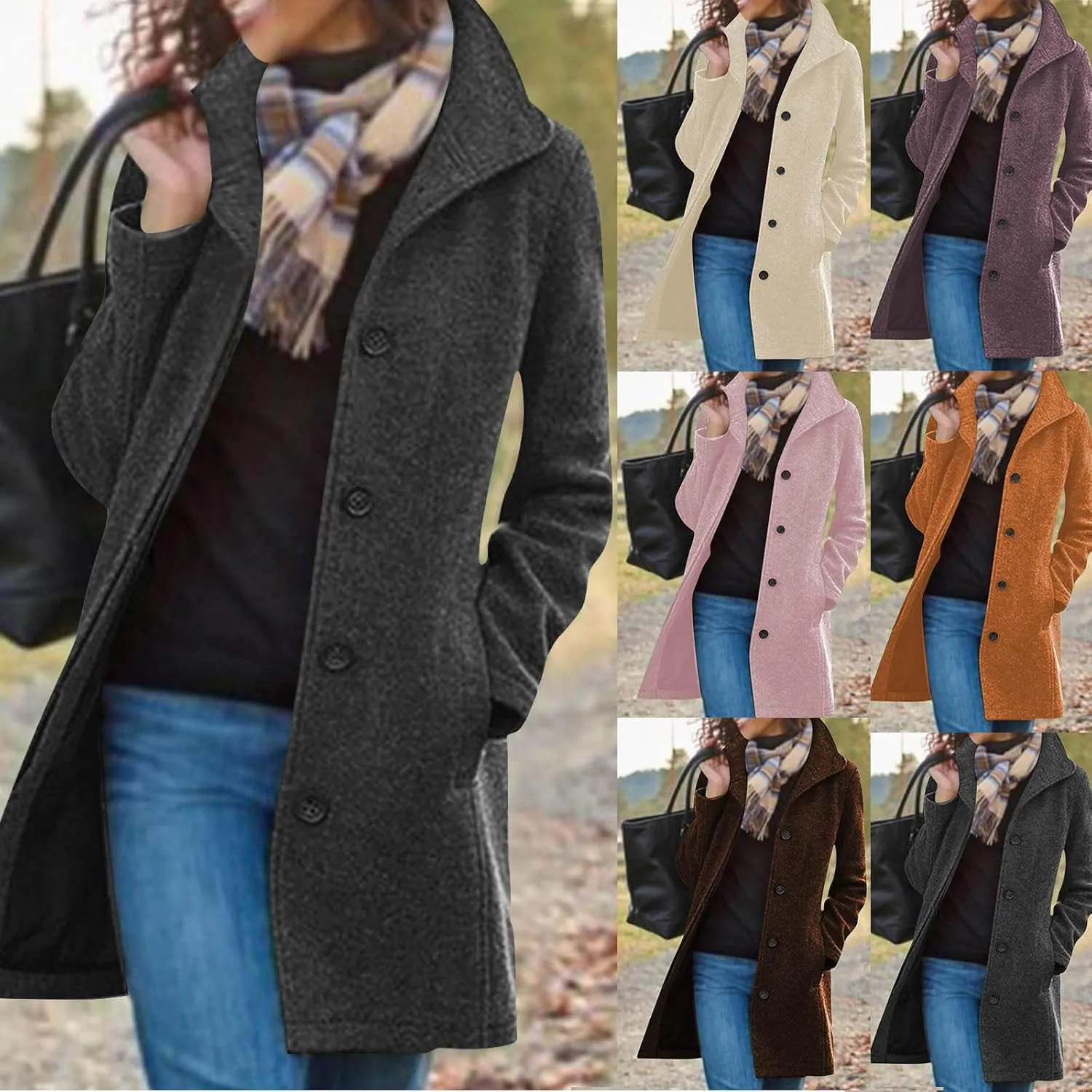 HGps8w Classic Single-Breasted Trench Coat for Women Dressy Wool Blend Winter Pea Coat Mid-Long Outerwear Jacket with Pockets