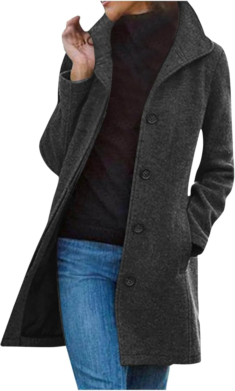 HGps8w Classic Single-Breasted Trench Coat for Women Dressy Wool Blend Winter Pea Coat Mid-Long Outerwear Jacket with Pockets