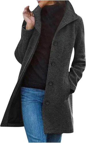 HGps8w Classic Single-Breasted Trench Coat for Women Dressy Wool Blend Winter Pea Coat Mid-Long Outerwear Jacket with Pockets