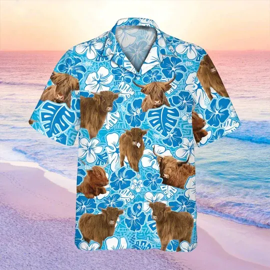 Highland cow Blue Floral Hawaiian Shirt, Cow Hawaii Shirt, Cow Lovers Shirt For Men