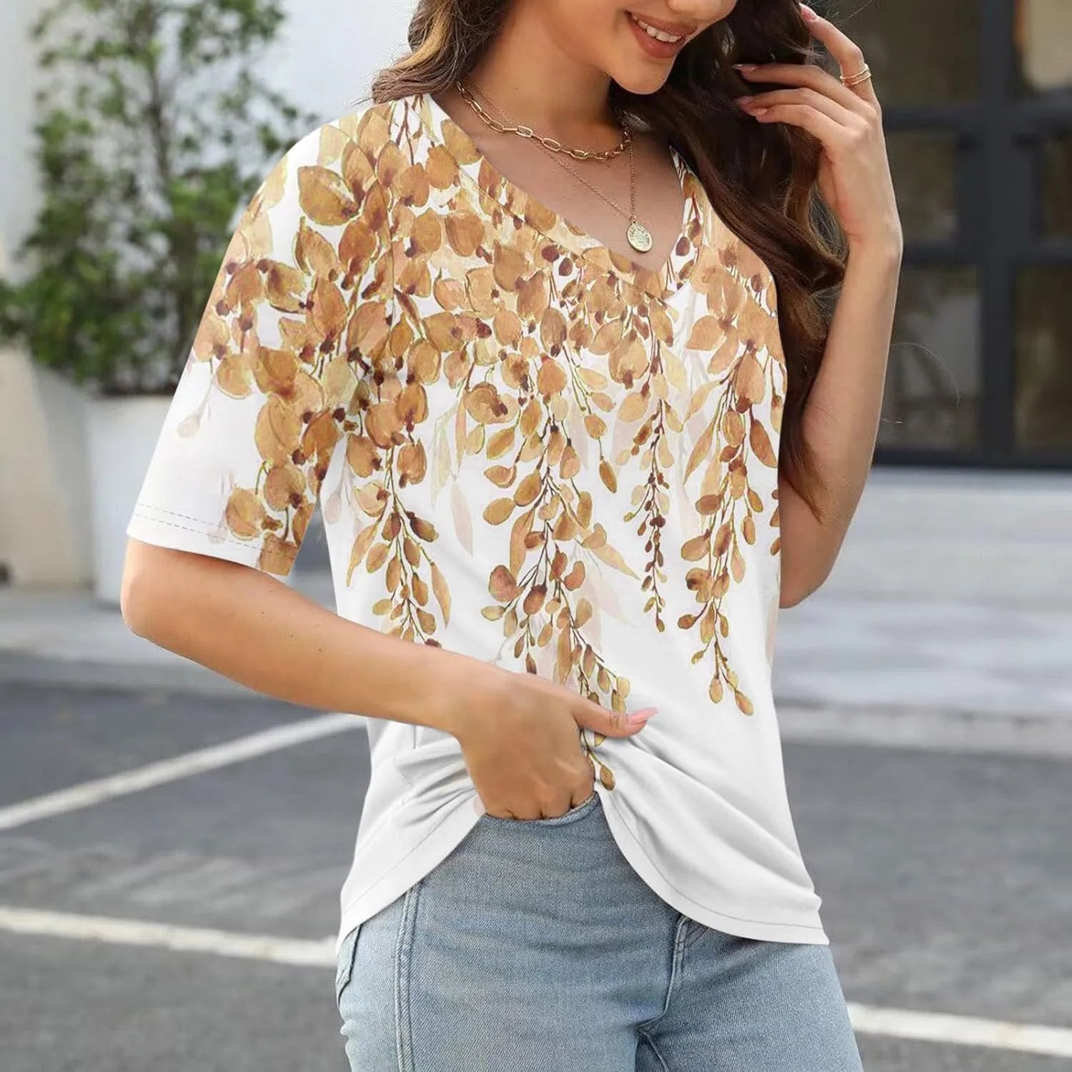 HXHYQKP Elbow Length Tops for Women V Neck T Shirts Casual Half Sleeve Tops Basic Summer Tees