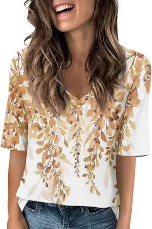 HXHYQKP Elbow Length Tops for Women V Neck T Shirts Casual Half Sleeve Tops Basic Summer Tees