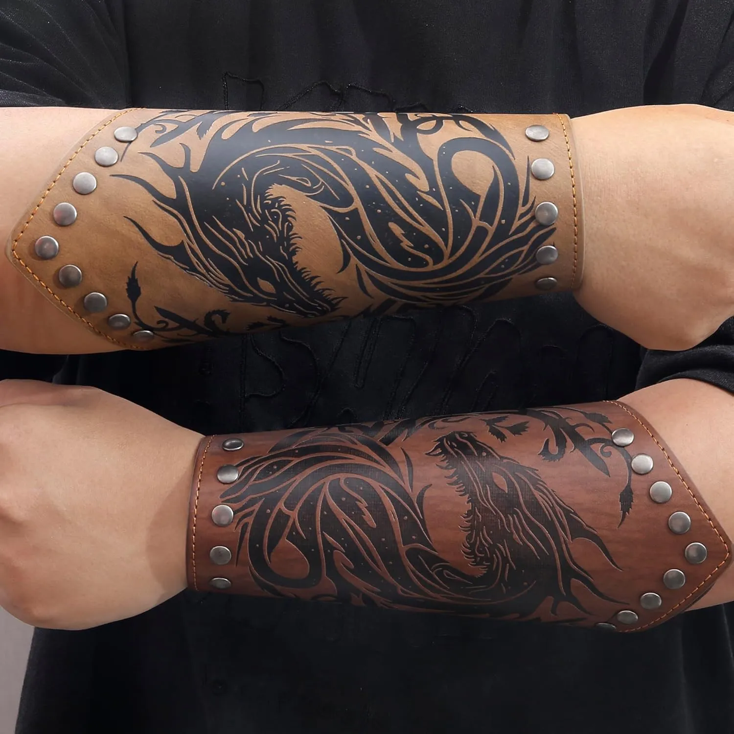 Jeilwiy Medieval Leather Bracers Adults Faux Leather Arm Guards Leather Wrist Band Men Steampunk Wrist Guards for Women Men Renaissance Wrist Cuffs