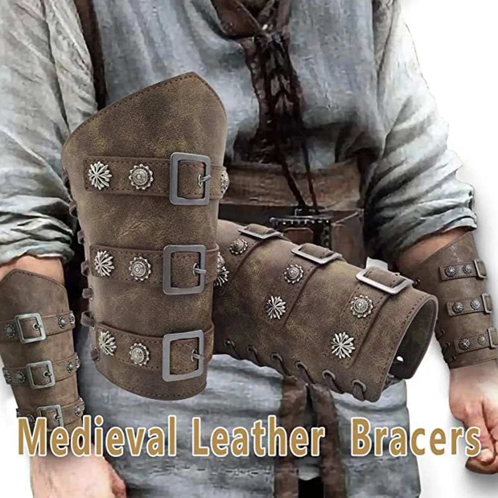 Jeilwiy Viking Bracers Medieval Leather Bracers Arm Armor Cuff Leather Gauntlet Wristband Punk Arm Guards for Men Women 2Pack