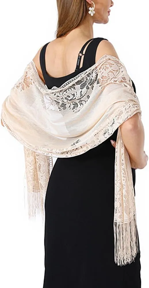 Ladiery Women's Floral Lace Scarf Shawl with Tassels, Soft Mesh Fringe Wraps for Wedding Evening Party Dresses