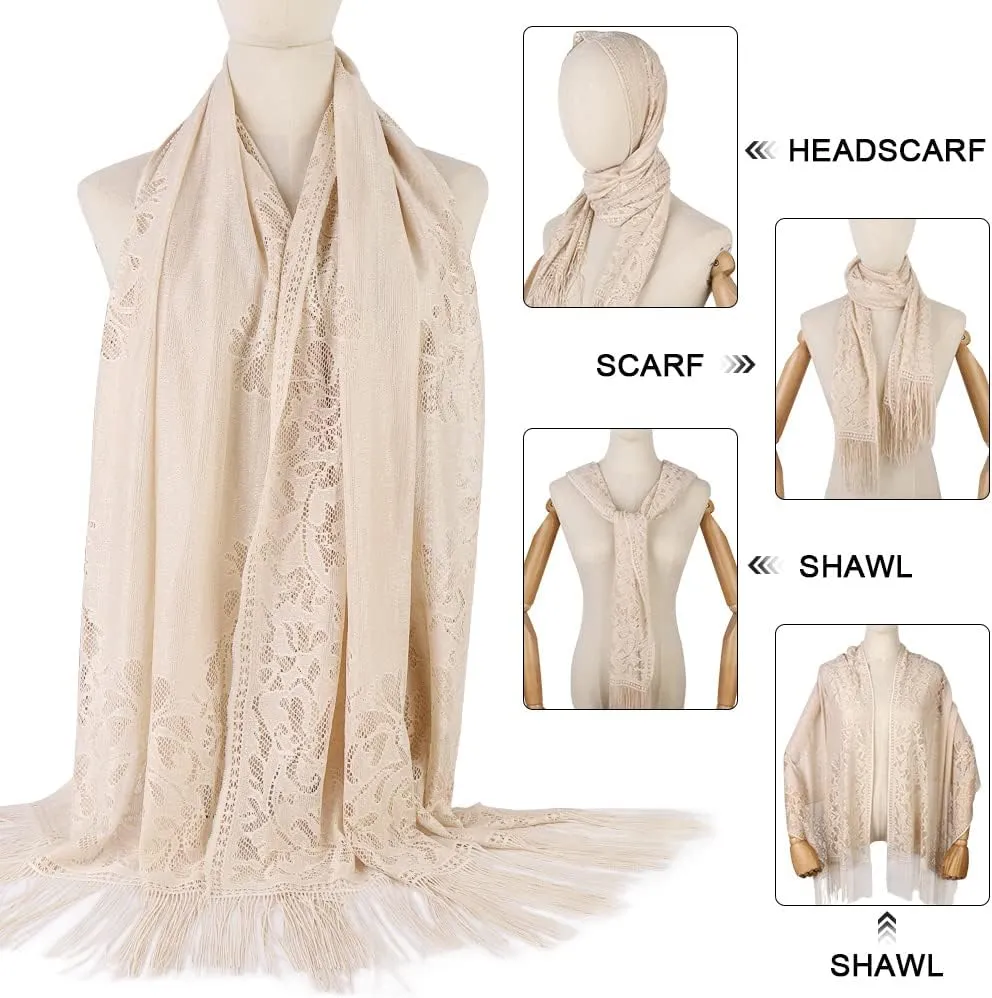 Ladiery Women's Floral Lace Scarf Shawl with Tassels, Soft Mesh Fringe Wraps for Wedding Evening Party Dresses