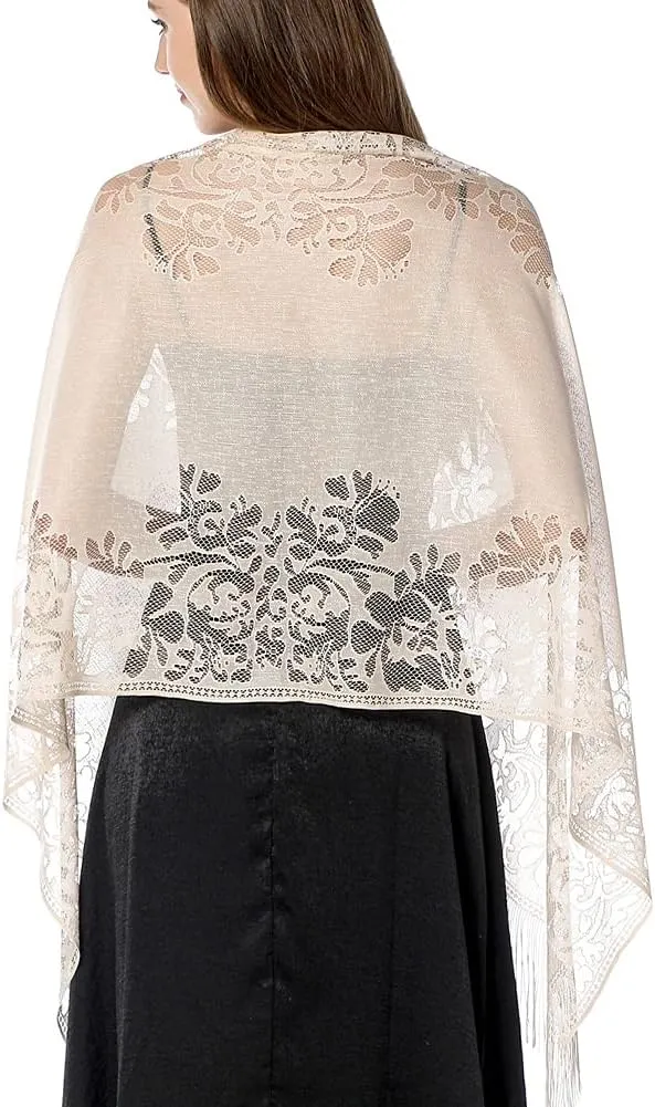 Ladiery Women's Floral Lace Scarf Shawl with Tassels, Soft Mesh Fringe Wraps for Wedding Evening Party Dresses