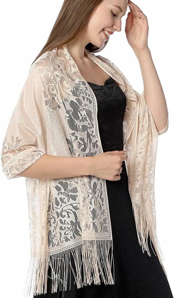 Ladiery Women's Floral Lace Scarf Shawl with Tassels, Soft Mesh Fringe Wraps for Wedding Evening Party Dresses