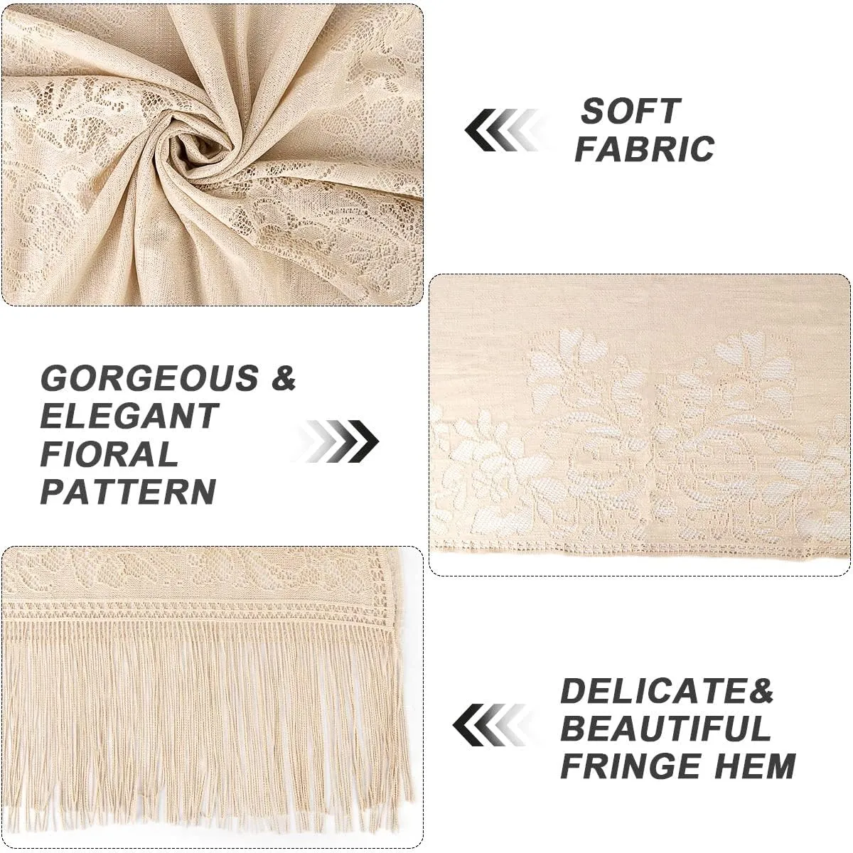 Ladiery Women's Floral Lace Scarf Shawl with Tassels, Soft Mesh Fringe Wraps for Wedding Evening Party Dresses
