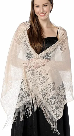 Ladiery Women's Floral Lace Scarf Shawl with Tassels, Soft Mesh Fringe Wraps for Wedding Evening Party Dresses