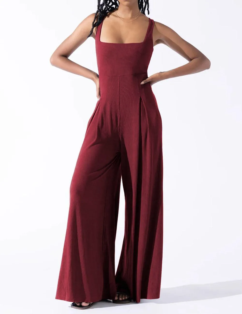 Ladies Solid Color Square Neck Jumpsuit EKDD