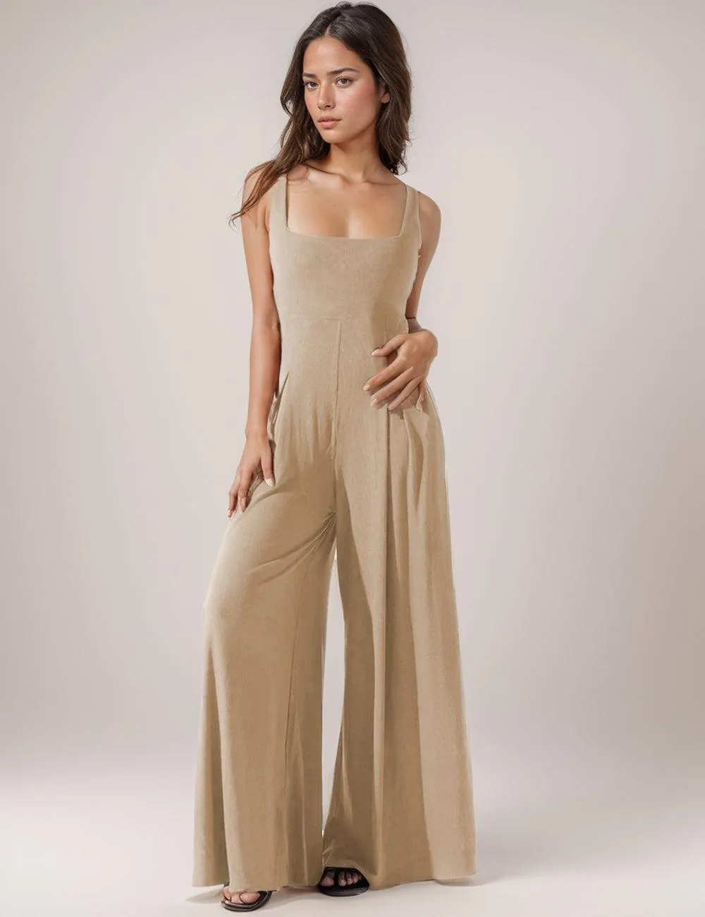Ladies Solid Color Square Neck Jumpsuit EKDD