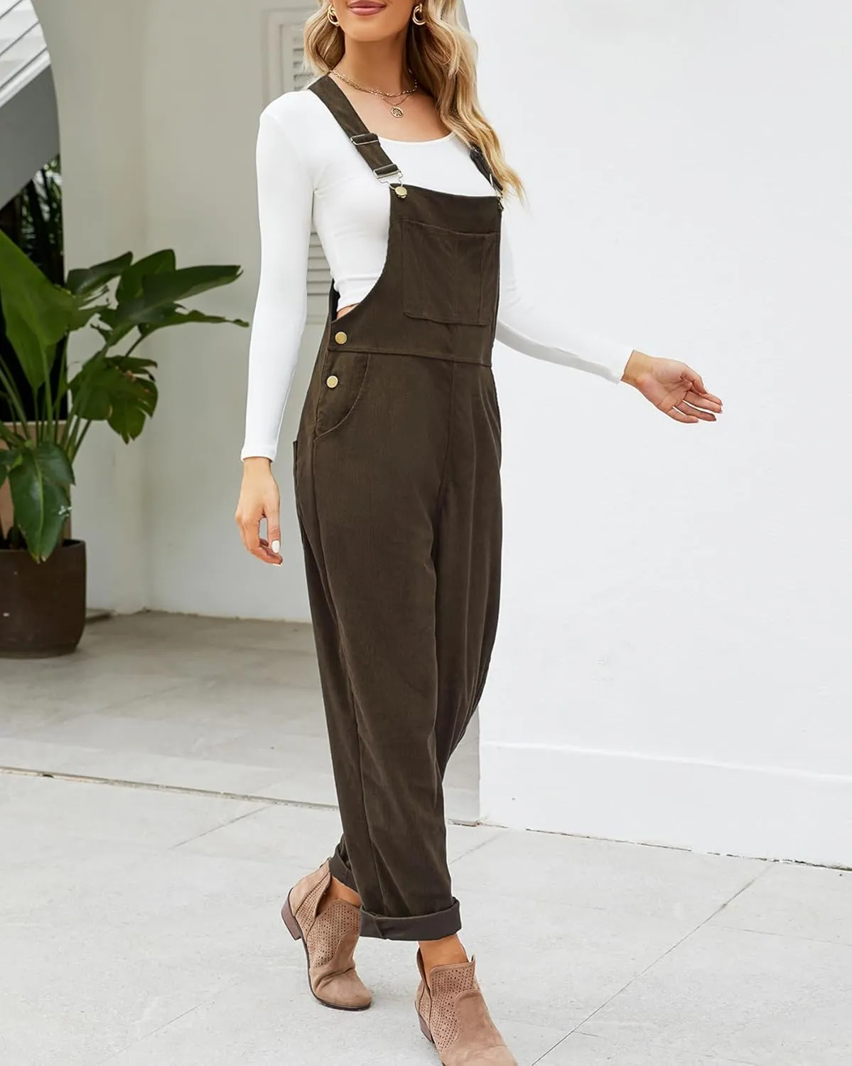Ladyful Women's Bib Corduroy Overalls Pant Romper Jumpsuit Trouser with Adjustable Straps
