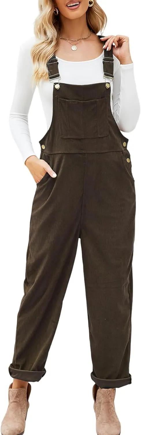 Ladyful Women's Bib Corduroy Overalls Pant Romper Jumpsuit Trouser with Adjustable Straps