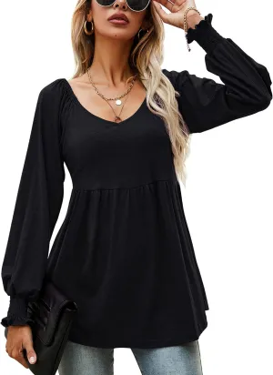 LOMON Womens Casual Fall Puff Long Sleeve Tunic Tops V Neck Flowy Babydoll Peplum Top Blouse T-Shirt 2024 Fashion S-3XL