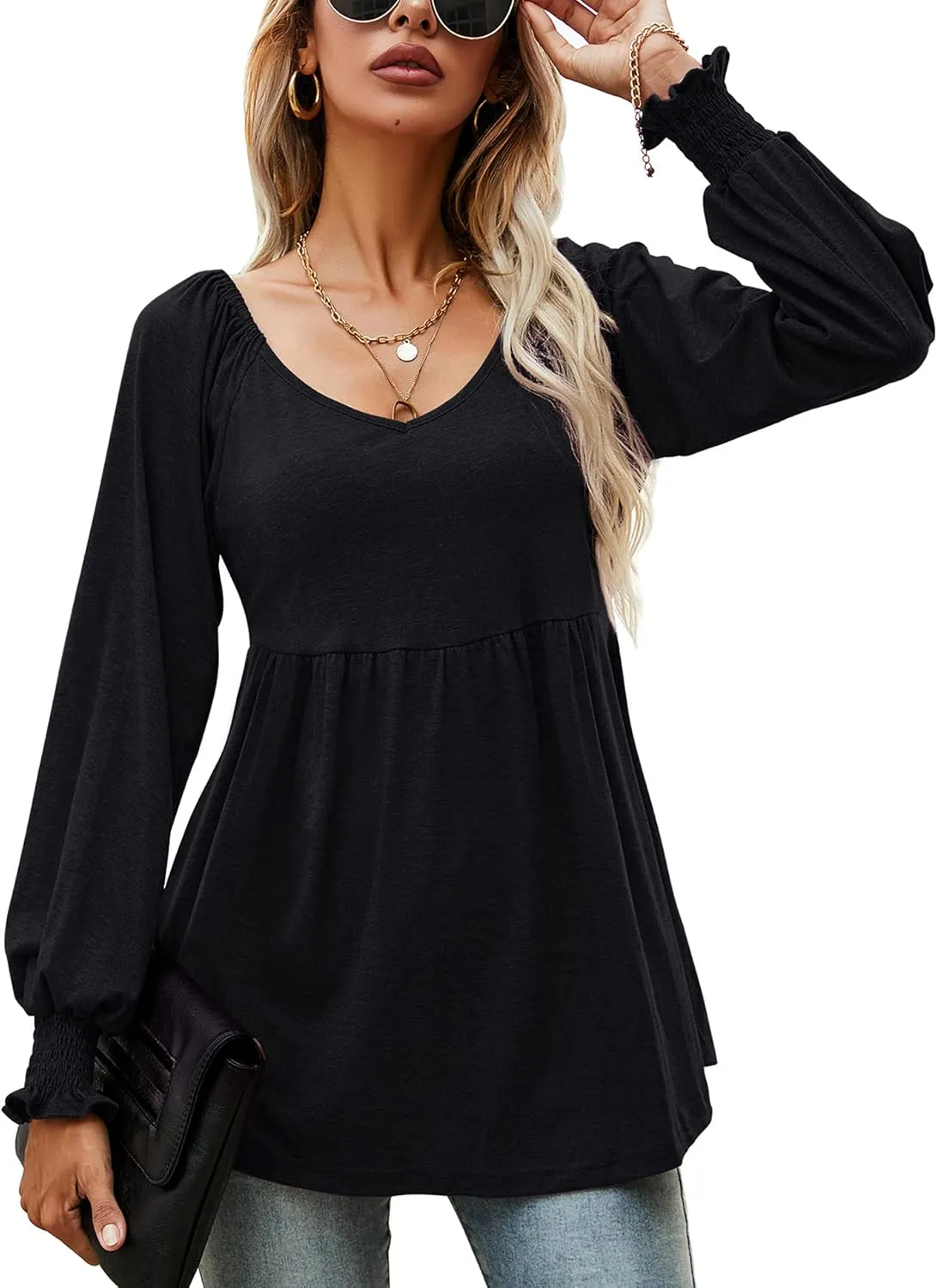 LOMON Womens Casual Fall Puff Long Sleeve Tunic Tops V Neck Flowy Babydoll Peplum Top Blouse T-Shirt 2024 Fashion S-3XL
