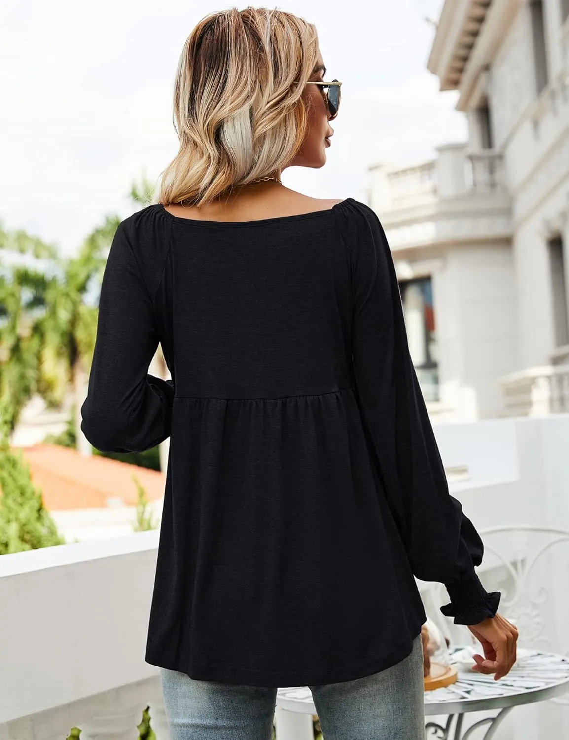 LOMON Womens Casual Fall Puff Long Sleeve Tunic Tops V Neck Flowy Babydoll Peplum Top Blouse T-Shirt 2024 Fashion S-3XL