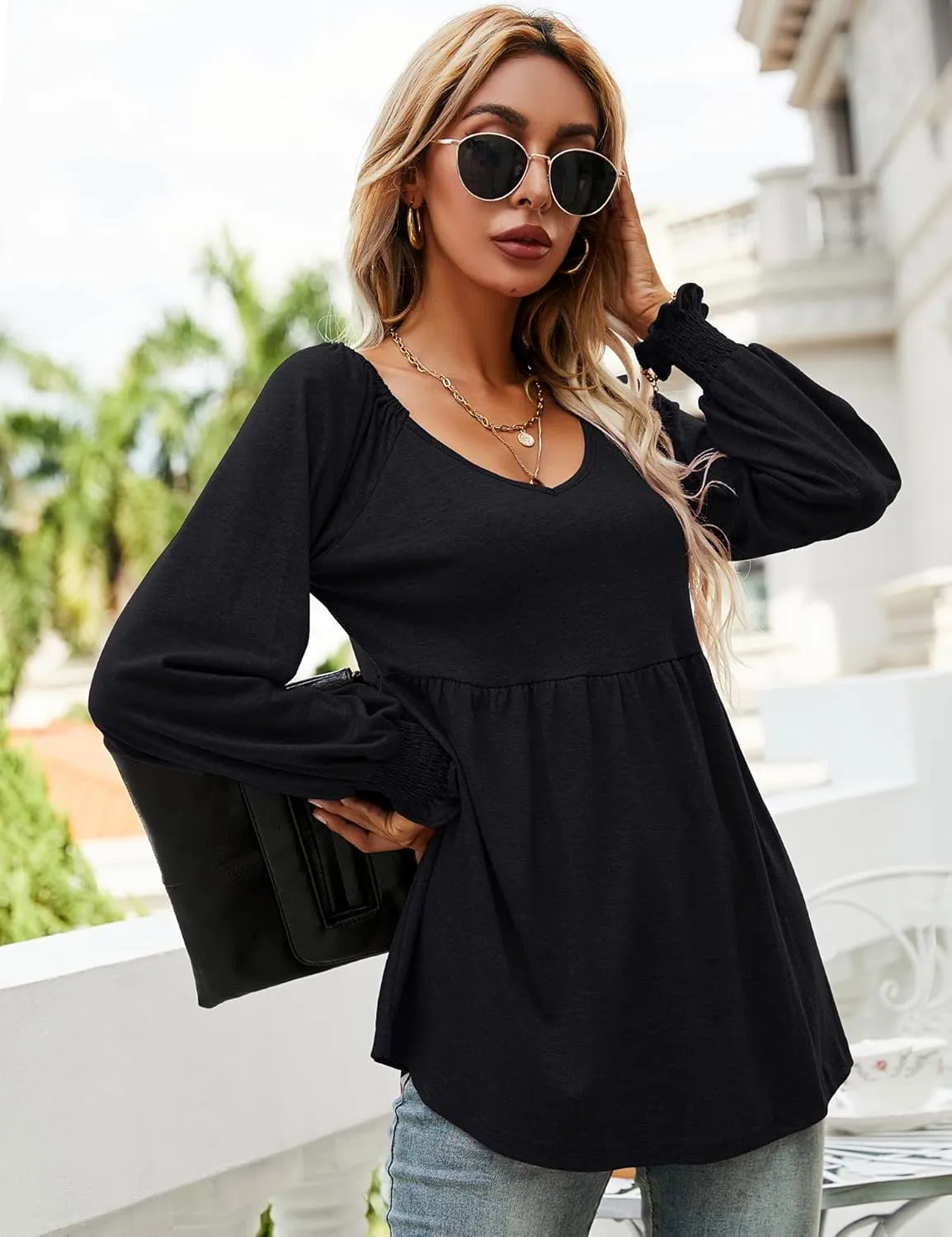 LOMON Womens Casual Fall Puff Long Sleeve Tunic Tops V Neck Flowy Babydoll Peplum Top Blouse T-Shirt 2024 Fashion S-3XL