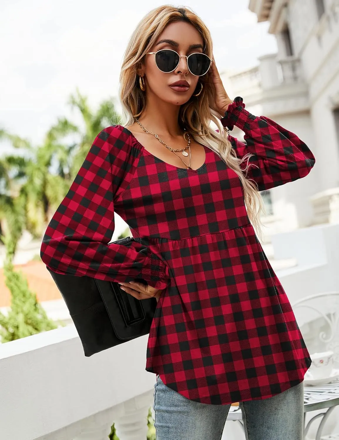 LOMON Womens Casual Fall Puff Long Sleeve Tunic Tops V Neck Flowy Babydoll Peplum Top Blouse T-Shirt 2024 Fashion S-3XL