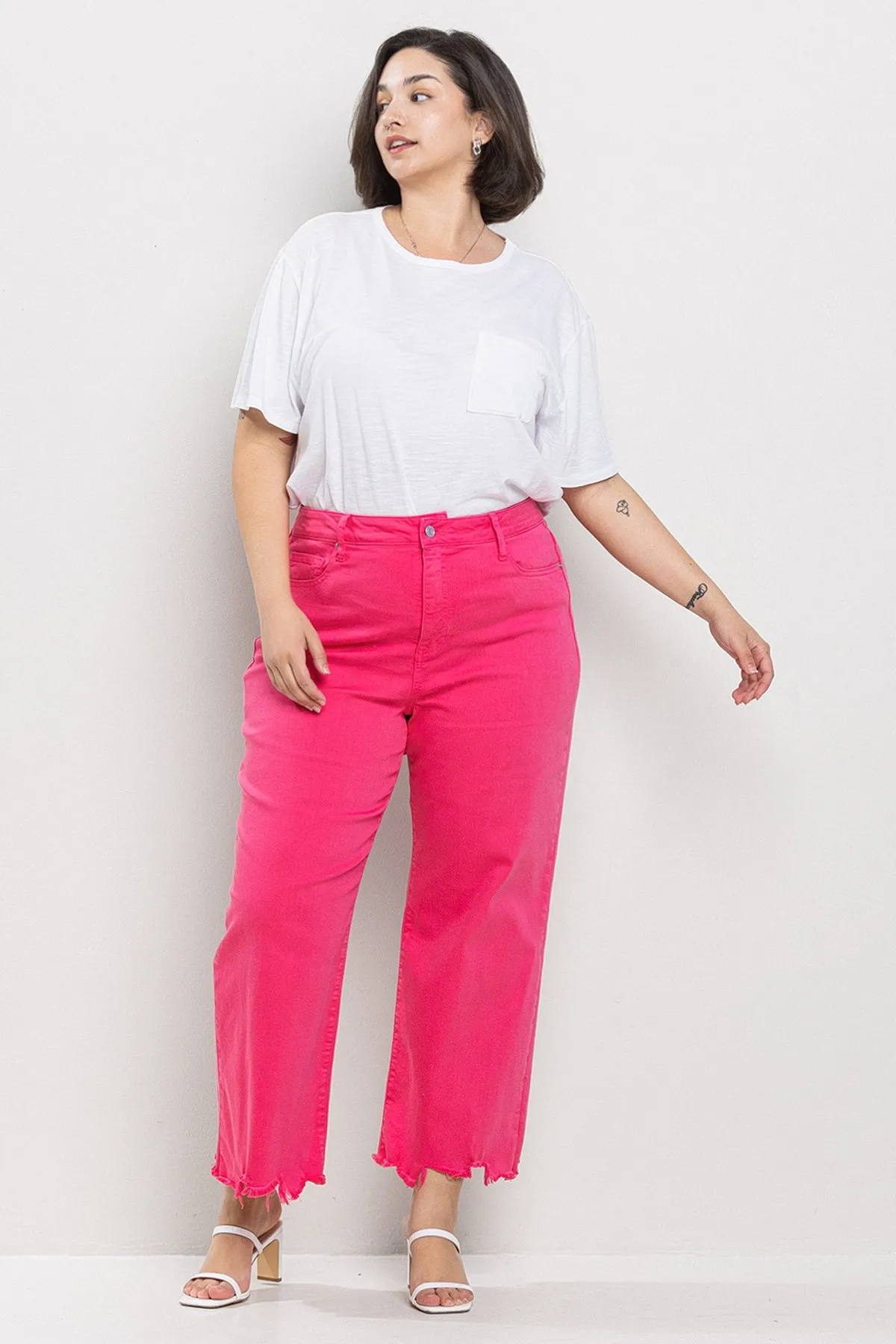 M. RISE PLUS STRAIGHT LEG JEANS WITH IN HOT PINK / SP-P10626HP-PL