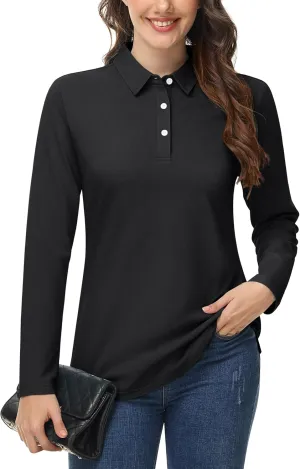 MAGCOMSEN Women's Polo Shirts Long Sleeve 3-Button Cotton Cool Shirts Wicking Casual Business Collared Shirts Tops