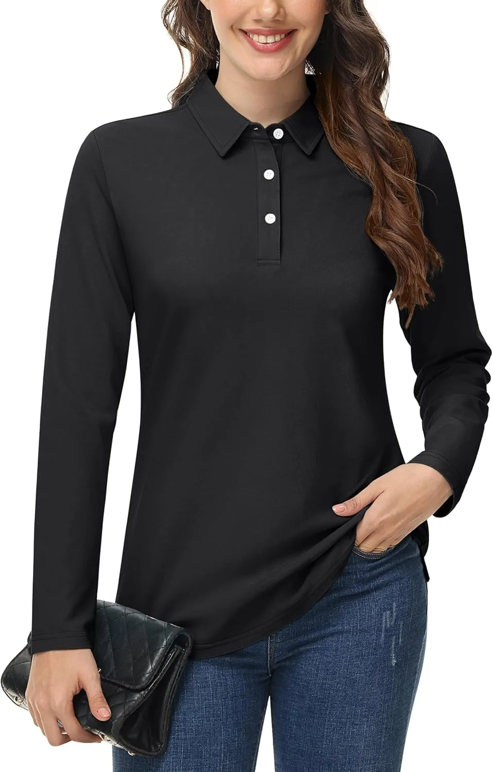 MAGCOMSEN Women's Polo Shirts Long Sleeve 3-Button Cotton Cool Shirts Wicking Casual Business Collared Shirts Tops