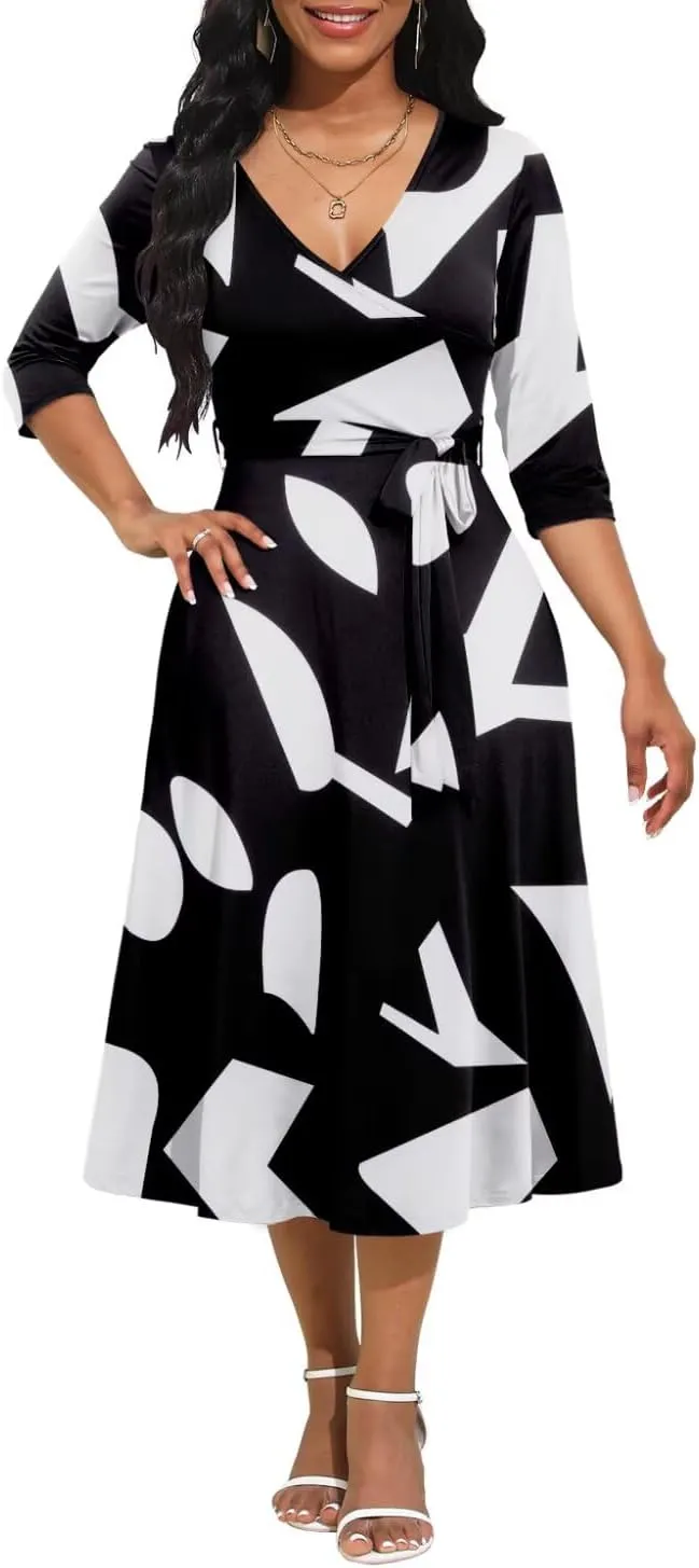 Magritta Midi Dresses for Women Casual 3/4 Sleeve Wrap Dress Plus Size Curvy Cocktail Dresses with Pockets