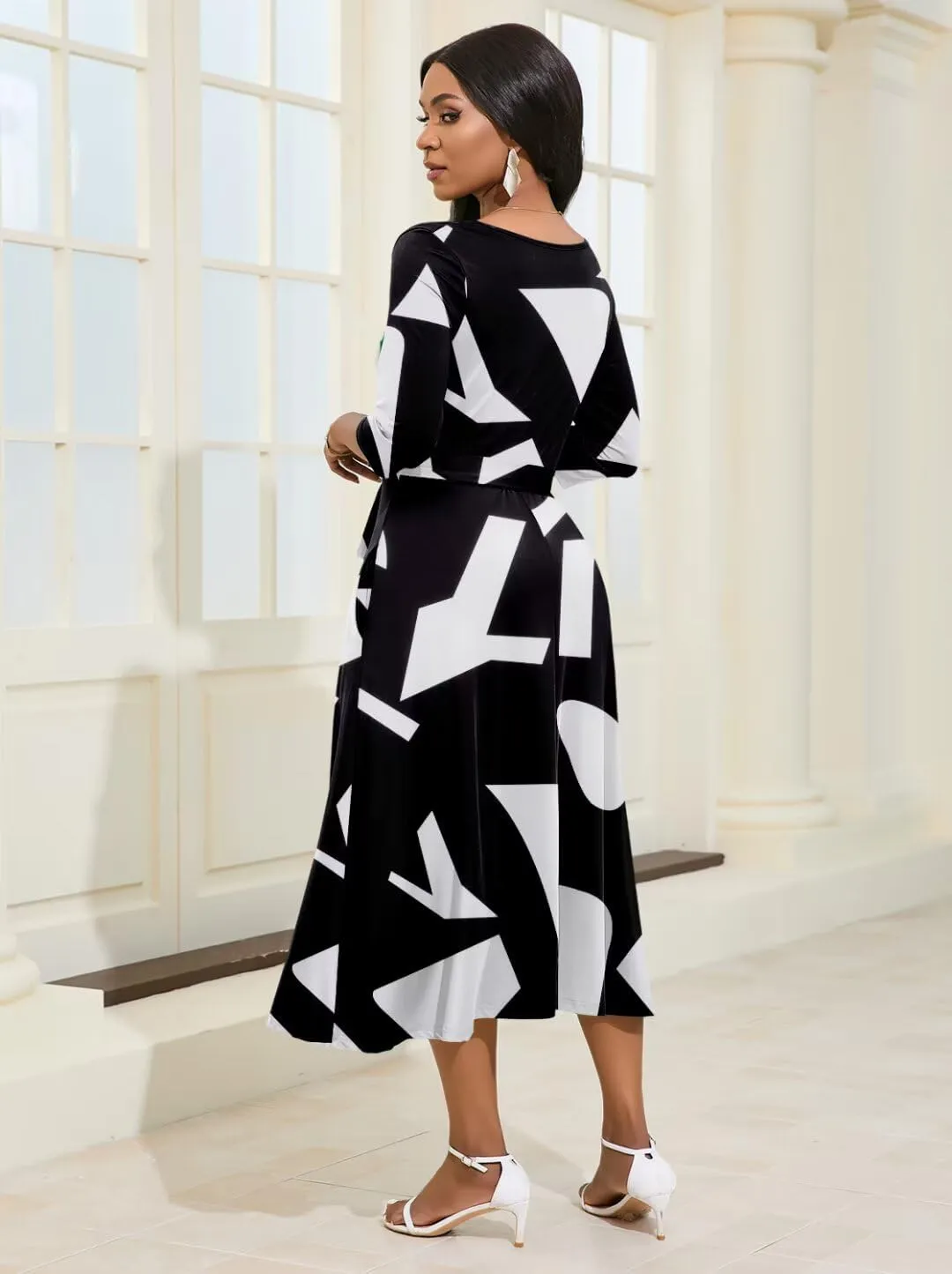 Magritta Midi Dresses for Women Casual 3/4 Sleeve Wrap Dress Plus Size Curvy Cocktail Dresses with Pockets