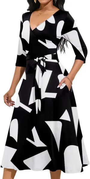 Magritta Midi Dresses for Women Casual 3/4 Sleeve Wrap Dress Plus Size Curvy Cocktail Dresses with Pockets